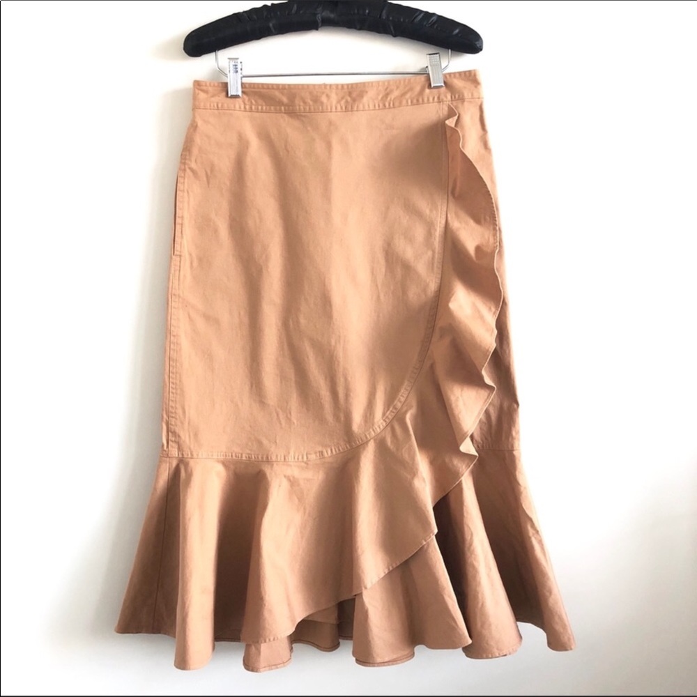 Ann Taylor Tan Double Ruffle Midi Skirt Sz 8 - Picture 5 of 8